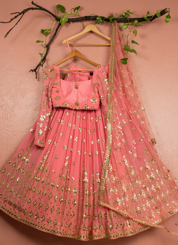 Amazing Sequence Work Georgette Peach Lehenga Choli